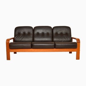 Danish 3-Seater Sofa in Teak and Leather, 1970s
