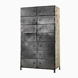 Large Industrial Metal Bank Cabinet with 14 Lockers, 1950s
