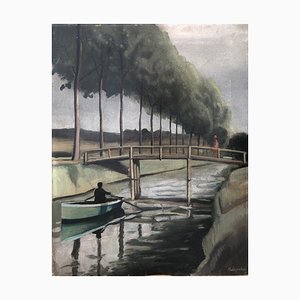 Gabriel Edouard Haberjahn, Barque sur la rivière et petit pont, 20th Century, Oil on Canvas