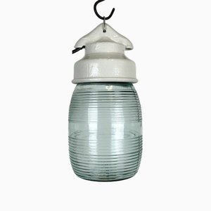 Industrial White Porcelain Pendant Light with Ribbed Glass, 1970s