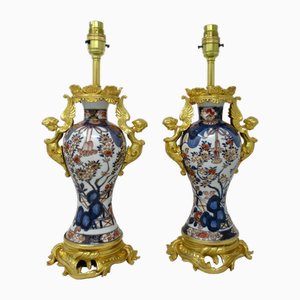 Antike japanische Ormolu Tischlampen aus Porzellan, 2er Set