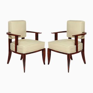 Französische Art Deco Leder & Makassar Ebenholz Stühle, 1920er, 2er Set