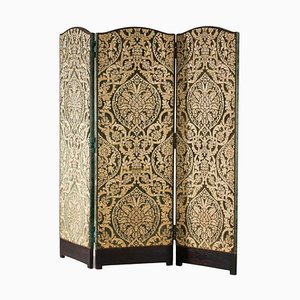 Vintage French Screen in Oak and Green and Gold Velvet, 1940