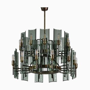 Large Italian G011 Chandelier in Smoked Glass and Brass, 1950