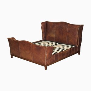 Wingback King Size Bed Frame in Hand-Dyed Brown Leather