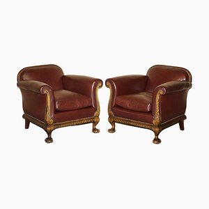 Fauteuils Club Victorien Antique en Cuir et Noyer, 1880, Set de 2