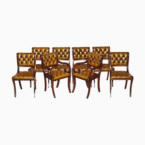 Sedie da pranzo Chesterfield vintage in pelle marrone, set di 8