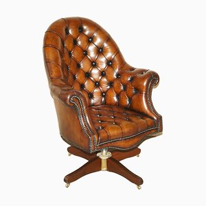 Antique Chesterfield Captains Armchair in Cigar Brown Leather, 1900