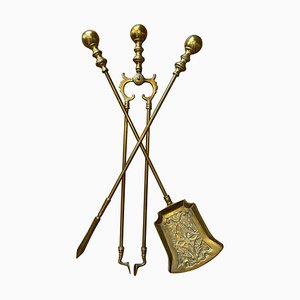 Antique Victorian Gothic Fire Companion Set in Brass, 1800s, Set of 3