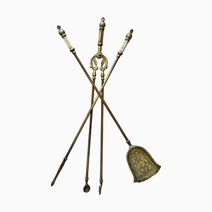 Victorian Gothic Fire Companion Set in Brass, 1800s, Set of 3