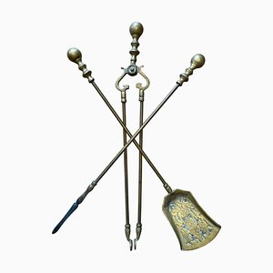 Victorian Gothic Fire Companion Set in Brass, 1800s, Set of 3