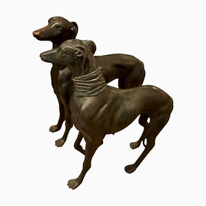 Esculturas de galgo Art Déco de tamaño natural en bronce. Juego de 2