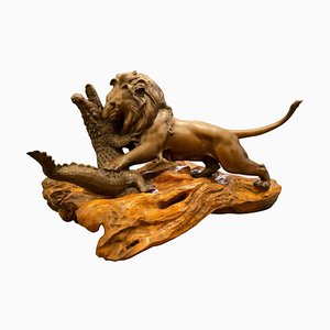 Lion et Crocodile en Bronze sur Socle en Bois Dur, 19ème Siècle