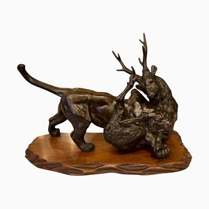 Tigre et Antilope Bronze Meiji, Japon sur Socle en Bois Dur