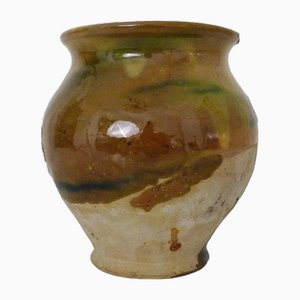 Small Glazed Yellow and Green Terracotta Confit Pot, South-West France, 1920s