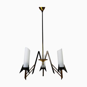 Italian 3-Arm Chandelier in Brass and Opaline Glass, 1960s