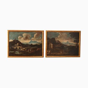 Landscapes with Figures, Oil Paintings, Framed, Set of 2