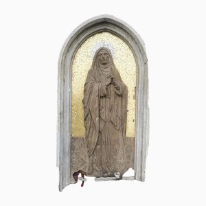 Sculpture Relief de Madonnina en Pierre avec Mosaïque Dorée