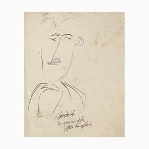 Antonio Vangelli, Male Figure, Black China Ink Drawing, 20th Century