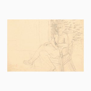 Jeanne Daour, Interior, Drawing In Pencil, 20th Century