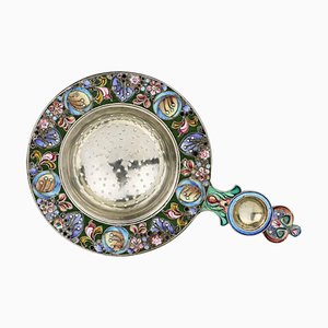 Russian Silver Tea Strainer with Enamel Decor in Style of Russian Art Nouveau