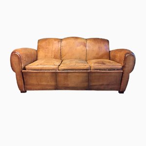 Antique French Moustache Backed Leather Sofabed