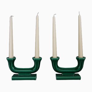 Vintage French Green Ceramic Candleholders, Set of 2