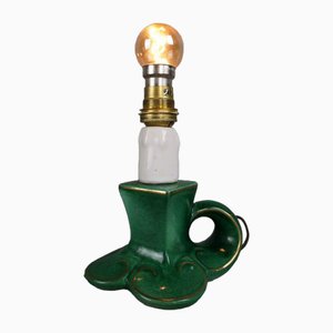Grüne französische Vintage Keramiklampe mit goldenen Akzenten