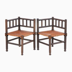 Chaises d'Angle Provincial Bobbin en Bois avec Assise en Rush, France, 1900, Set de 2