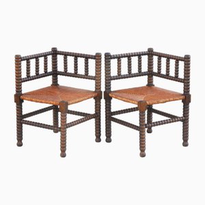 French Provincial Bobbin Wood Corner Chairs with Rush Seat, 1900, Set of 2