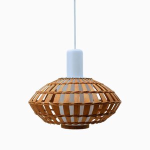 Lampada da soffitto in vetro opalino e vimini, anni '60