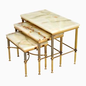 Antique French Brass & Onyx Nesting Tables, Set of 3