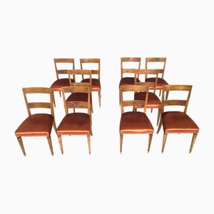 Vintage Copper Fabric Upholstery and Walnut Dining Chairs, Italy, 1930s, Set of 10
