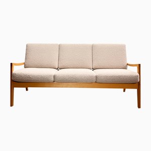 Mid-Century Danish Three-Seater Sofa in Oak with Bouclé Cover by Ole Wanscher for France & Son, 1950s