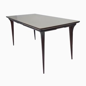 Vintage Ebonized Beech Dining Table with a Taupe Glass Top, Italy, 1950s