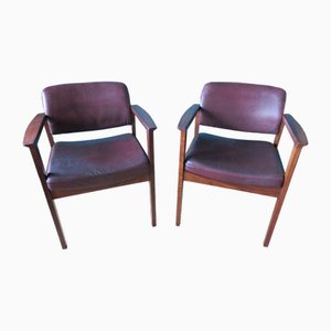 Danish Armchairs in Padouk and Plum Leather, 1960, Set of 2