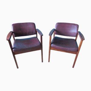 Set of Danish Armchairs in Padouk and Plum Leather, 1960