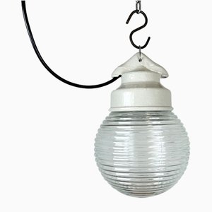 Industrial White Porcelain Pendant Light with Ribbed Glass, 1970s