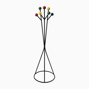 French Rockabilly Coat Rack in Black Lacquered Steel and Multi-Coloured Wood, 1950