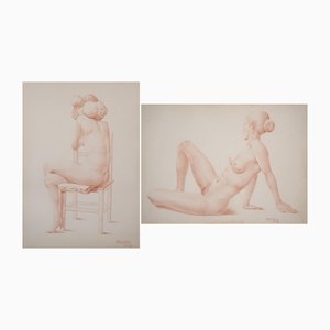 Barrera, Female Life Studies, Pencil Drawings, 1970, Framed, Set of 2