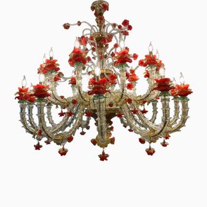 Lámpara de araña de cristal de Murano estilo Rezzonico con rosas rojas, siglo XIX