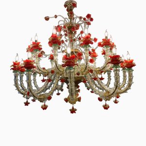 Lustre Style Rezzonico en Verre de Murano avec Roses Rouges, 19ème Siècle