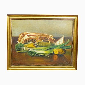 Artista alemán, Bodegón con carne y verduras, óleo sobre lienzo, 1909, enmarcado