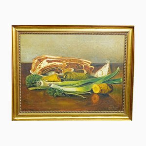 Deutscher Künstler, Stillleben mit Fleisch und Gemüse, Öl auf Leinwand, 1909, gerahmt