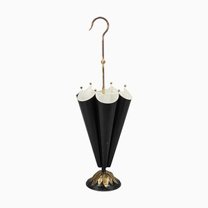 French Umbrella-Shaped Black and White Metal and Brass Umbrella Stand, 1950s