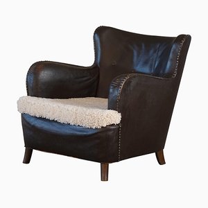 Danish Modern Leather & Lambswool Easy Chair, 1930s