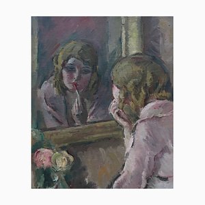 Henri Fehr, Jeune fille au rouge à lèvres, Oil on Canvas, 20th Century, Framed