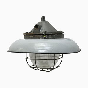 Vintage Industrial Light Grey Enamel Cast Iron and Holophane Glass Pendant Lamps