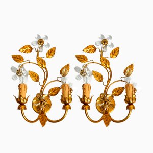 Italian Regency Floral Gilded Murano Glass Wall Lamps, 1970s, Set of 2