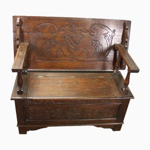 Carved Oak Monks Bench with Storage, 1940s